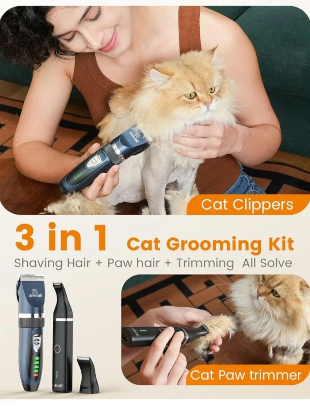 oneisall  - Cat Clippers and Paw Trimmer -  3 in 1 Cat Grooming Kit